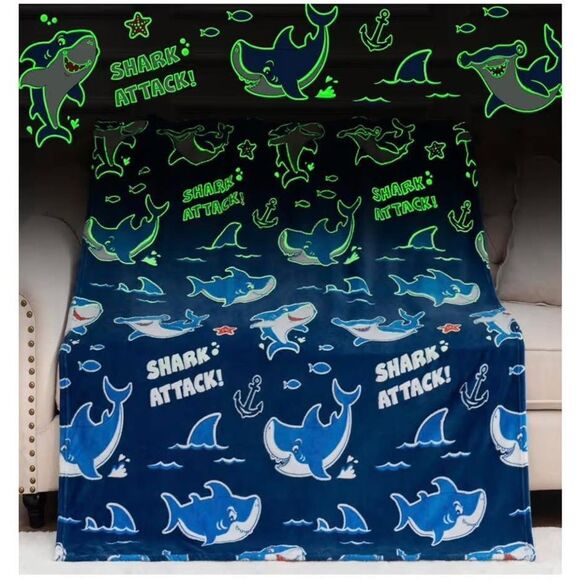 Glow in the dark Shark Attack Blue Fleece Blanket 50” by 60” - Picture 1 of 1